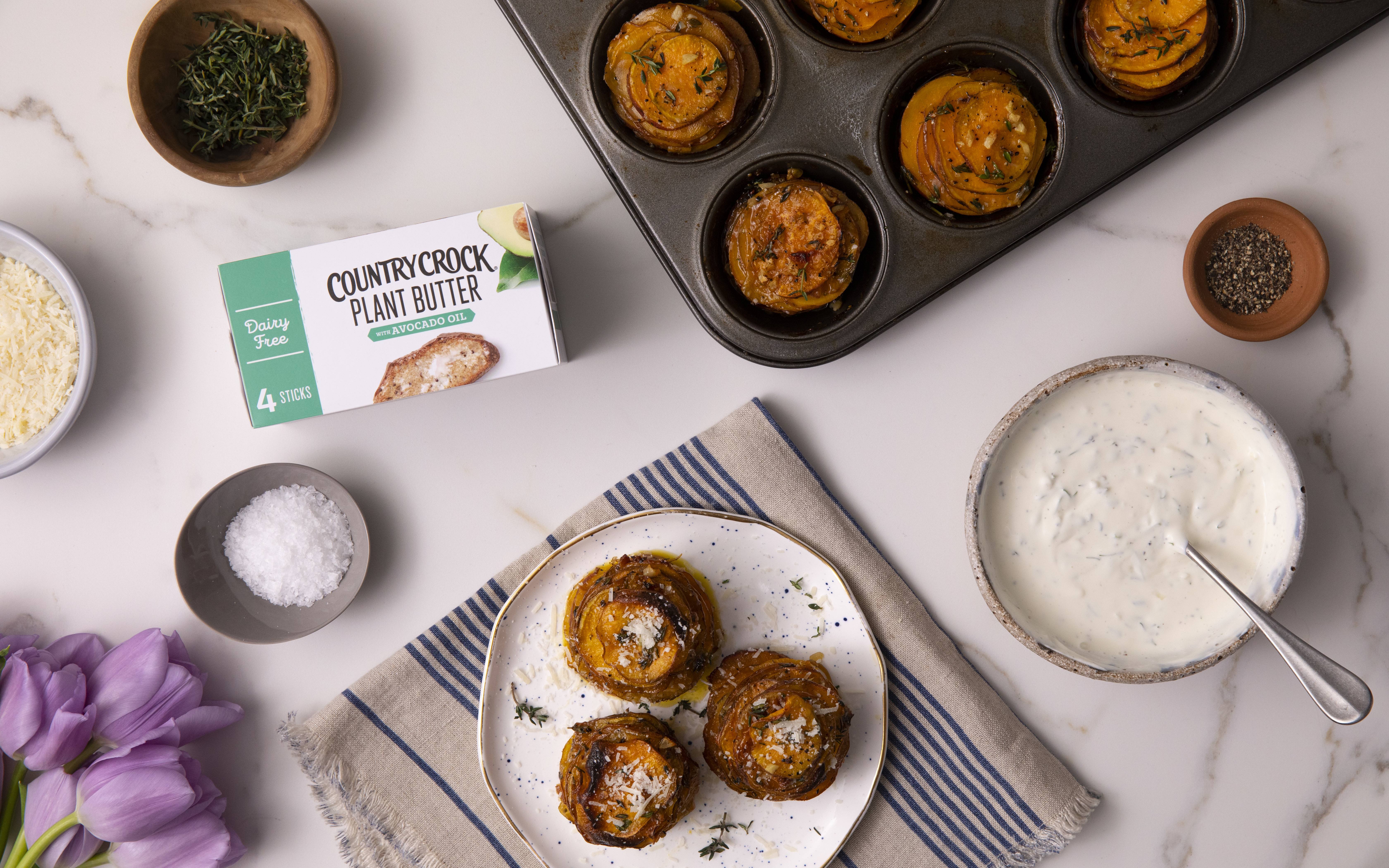 recipe image Country Crock® Crispy Parmesan Sweet Potato Stacks with Vegan Ranch Dip