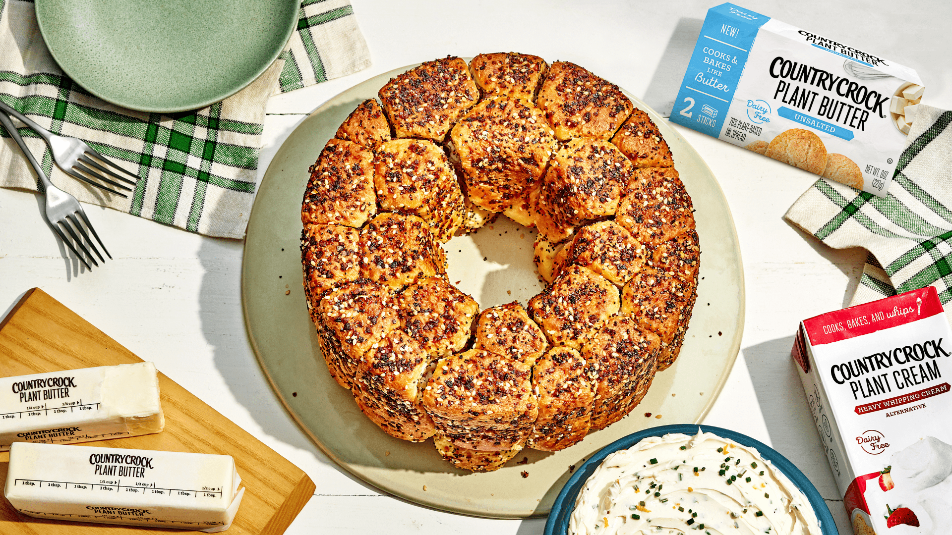 recipe image Everything Bagel Challah Monkey Bread with Plant Butter Chive-Onion Spread